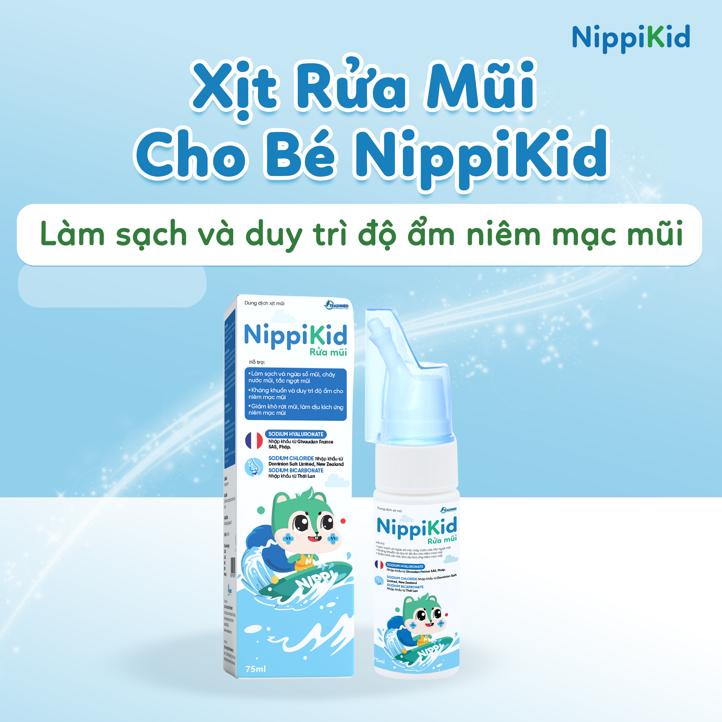 Dung Dịch Xịt Rửa Mũi Cho Bé Nipikid Rửa Mũi Giúp Làm Sạch, Phòng Ngừa Sổ Mũi, Tắc Ngạt Mũi Cho Bé Từ Sơ Sinh Dung Tích 75Ml